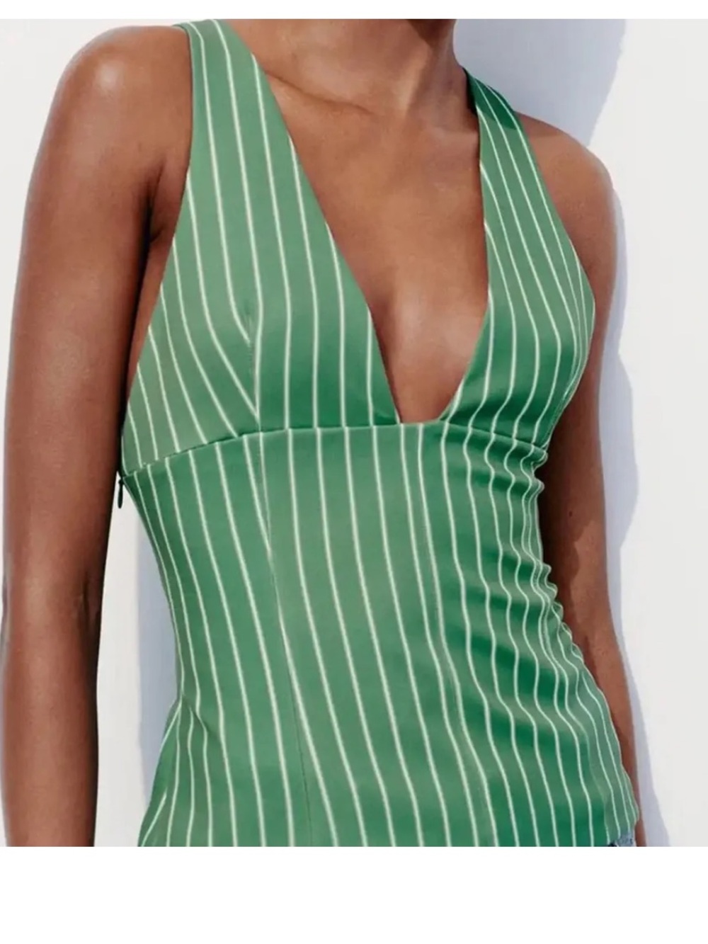 Zara Green Striped V-Neck Sleeveless Top with side zipper